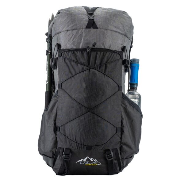 ULA 2024 ULTRA Circuit with optional top Y-strap and Bottom strap kit (Both sold separately). Side pockets holds water bottles, trekking poles, and UV umbrella.