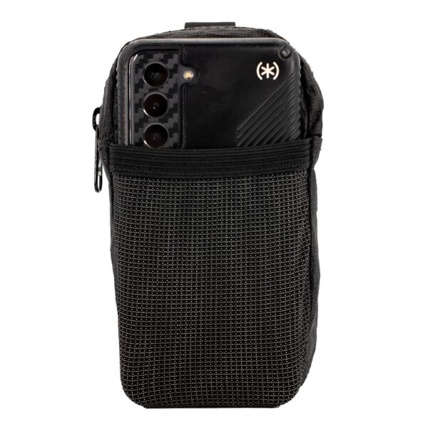 A small Ultra Shoulder Strap Pocket in Black. There is a phone in the front stretch mesh pocket.