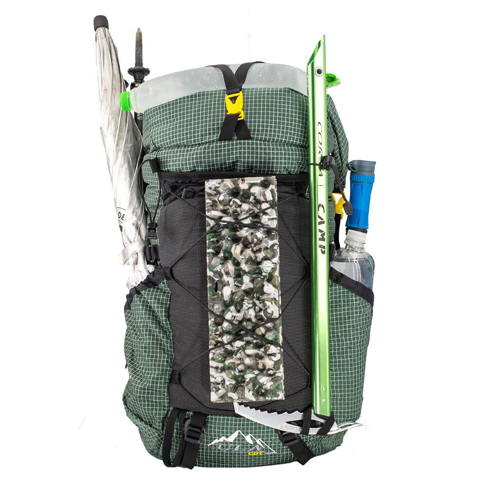 ULA 2024 CDT: With Top Y-Strap and Bottom Straps Attached. Pack is fully loaded with gear in the side pockets, under the top Y-strap, and in the front cinch cord.