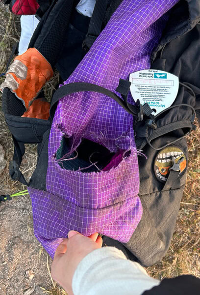 A purple robic pack that has gotten a tear in the side panel.