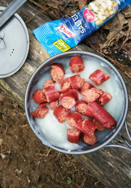 An Appalachian Trail Meal: Instant Masshed potatoes, pepperoni, and salted peanuts.
