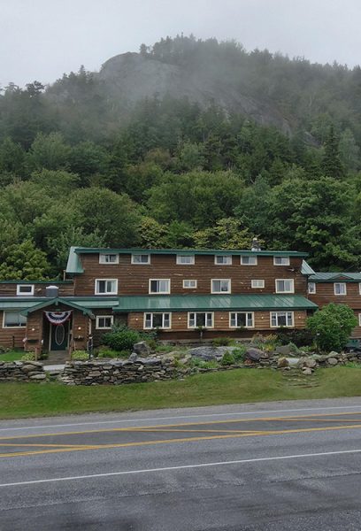 A hostel on the Appalachian Trail. The weather is foggy and rainy.