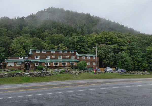 A hostel on the Appalachian Trail. The weather is foggy and rainy.