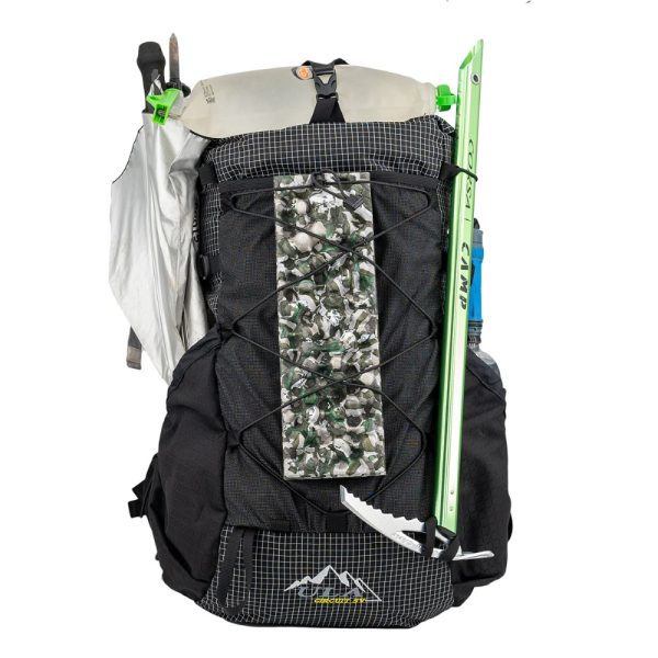 ULA Circuit SV Fully Packed (Water bladder on top under cinch strap, ice axe in ice axe loops, sleeping pad in front, trekking poles, water bottle, and UV umbrella in side pocket)