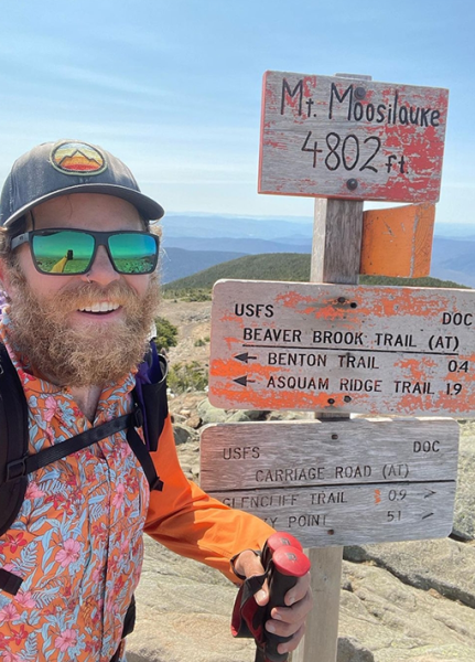 Through hiker Prof. Carl at the summit of Mt. Moosilauke (elevation: 4802) on the Appalachian Trail.