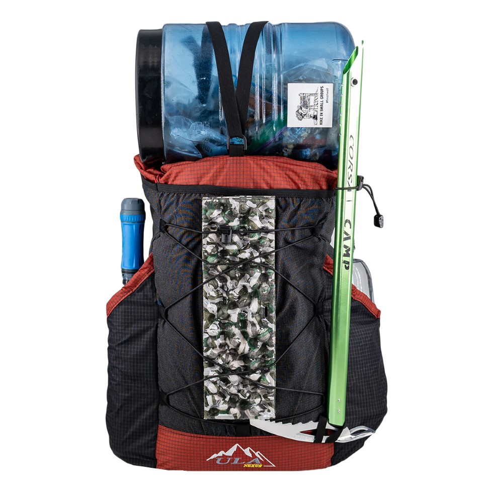 ULA UltraGrid Nexus Loaded for Adventure (Water filter in left pocket, bear bin strapped to top, ice axe in axe look, water bottles in right pocket.)