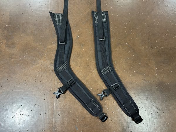 An image showing the difference between the S-strap and J-strap shoulder strap options. The S-strap is curvier, and the J-strap is straighterr.