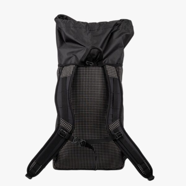 A back view of the ULA Packrat showing the straps, sternum strap, and back of the extended colar.