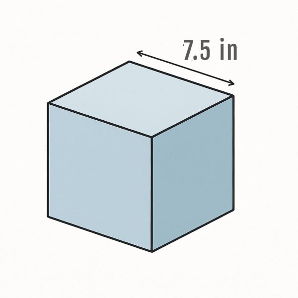 A rendering of a three dimension cube showing the dimensions to be 7.5 inches.