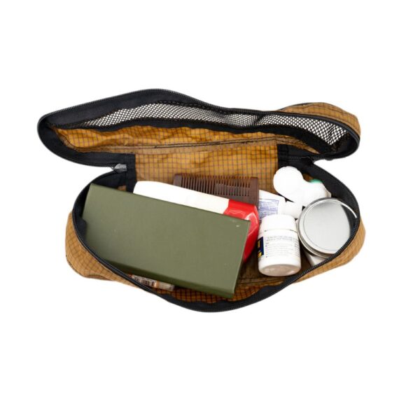 ULA Small Packing Cube in Coyote Brown. Cube holds a handful of toiletries.