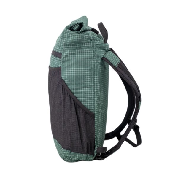 A left side view of the ULA Green Robic Node Daypack showing stretch mesh pocket