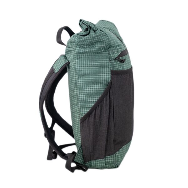 A right side view of a ULA Green Robic Node Daypack showing the side stretch pocket