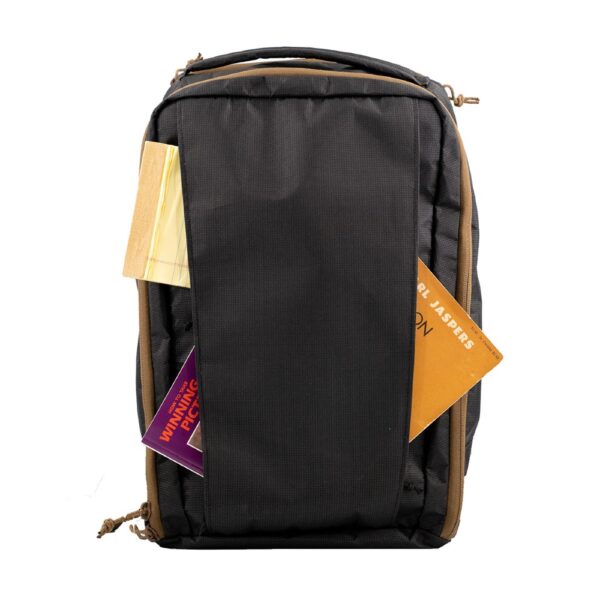 black backpack with books in it