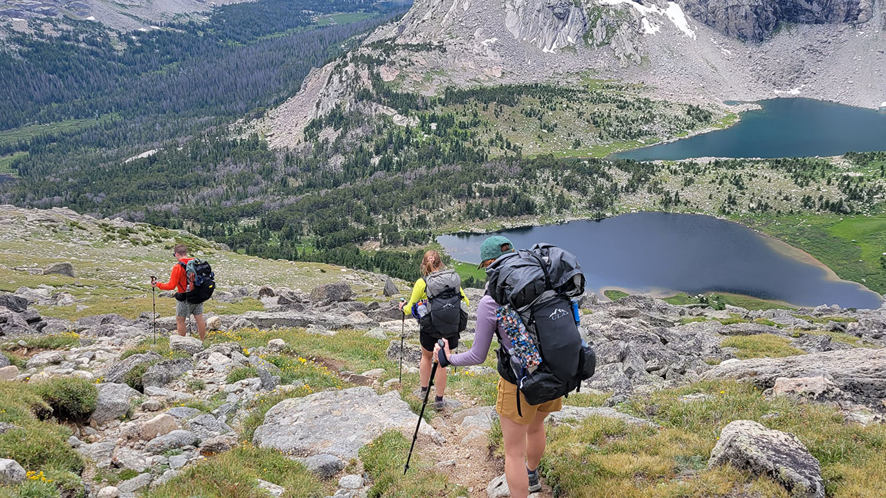 A group of friends hiking in Wyoming